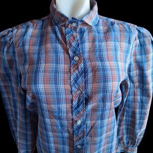 Vintage Women's Medium Boho Blouse 70's Step Up Plaid Puff Sleeve Shirt USA